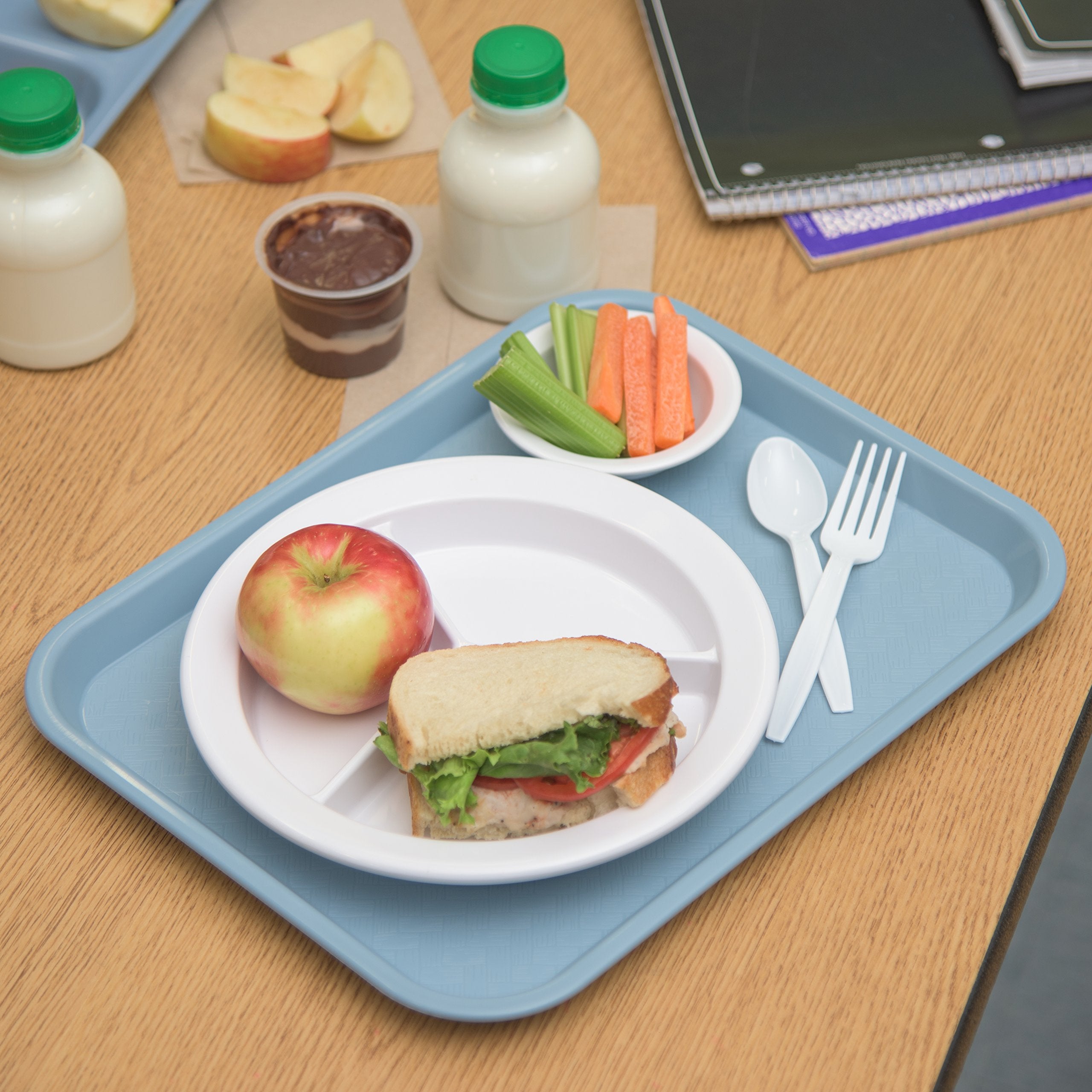 Carlisle tray beside plate and cup illustrating the 10x14 size and serving capacity