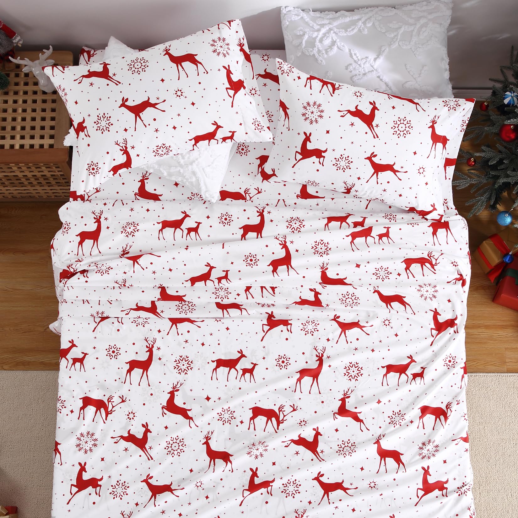 CAROMIO bed styled in holiday bedroom showing festive sheets enhancing decor