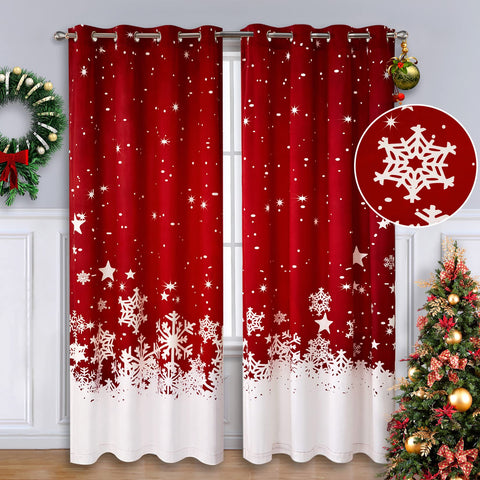 CAROMIO front view of red velvet panels showing snowflake pattern and rich drape benefits