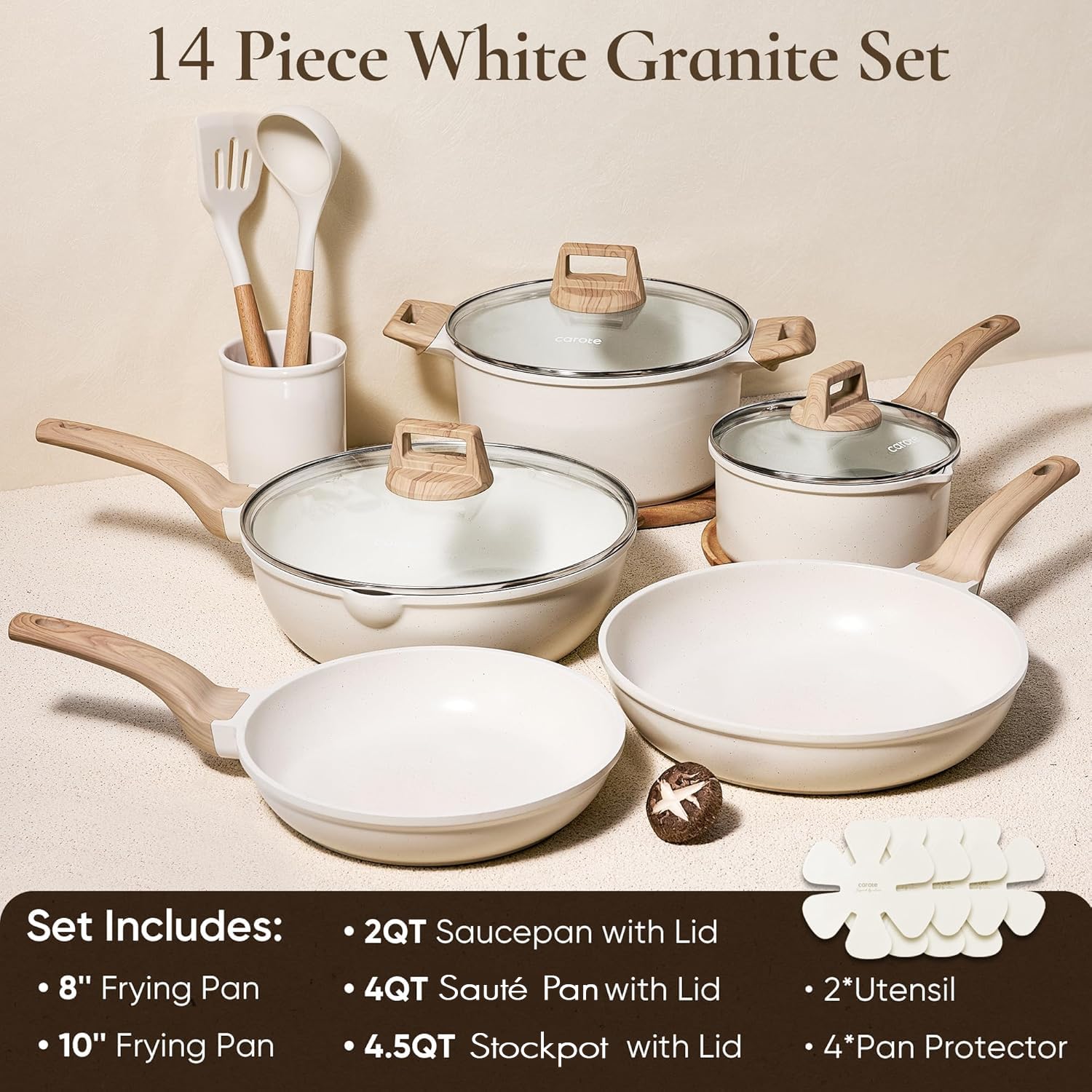 CAROTE 10" and 8" frying pans top view showing smooth cooking surface for even browning