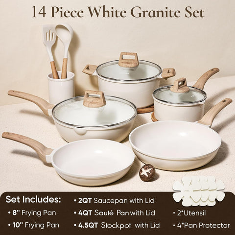 CAROTE 10" and 8" frying pans top view showing smooth cooking surface for even browning