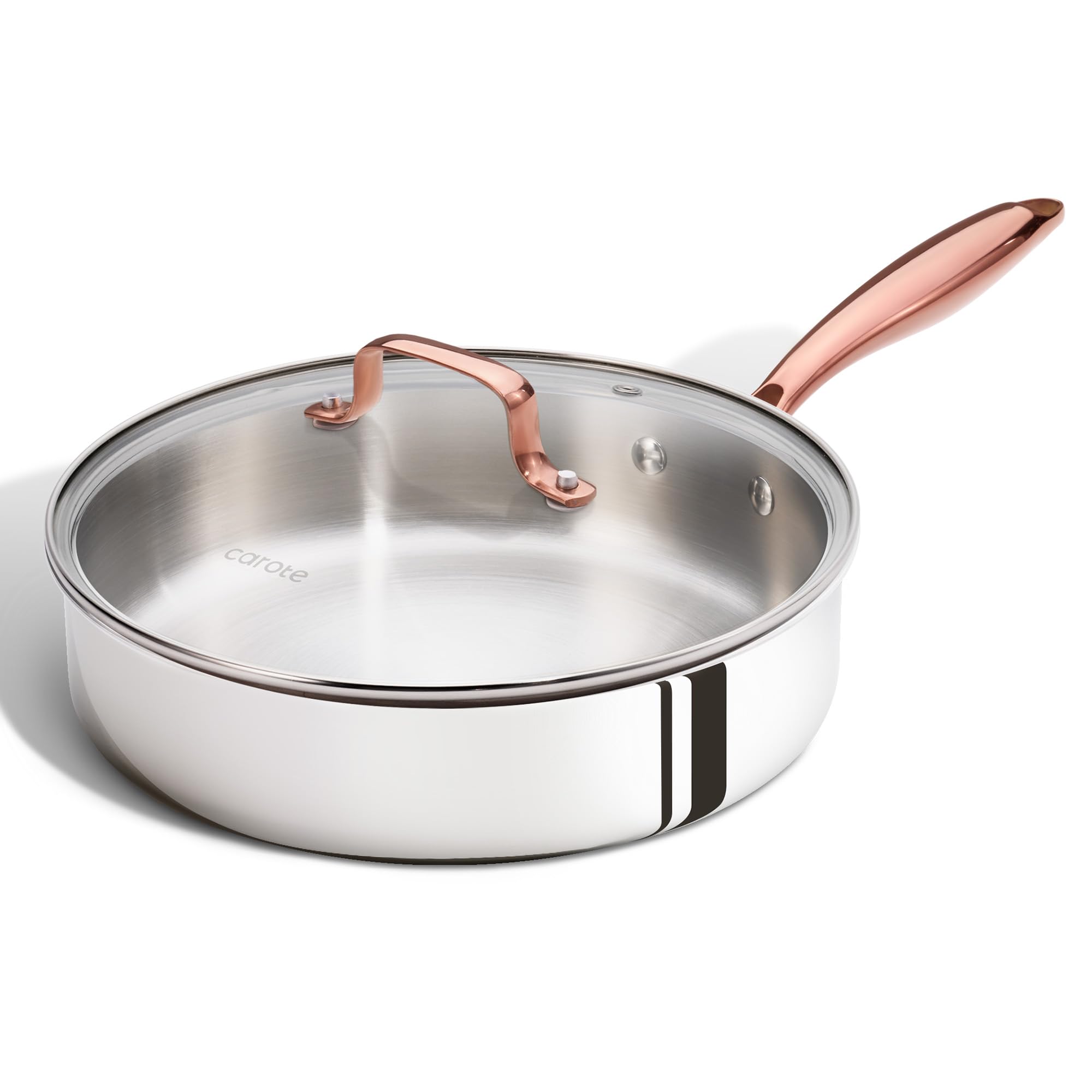 CAROTE front view showing pan and lid, durable stainless finish and elegant profile