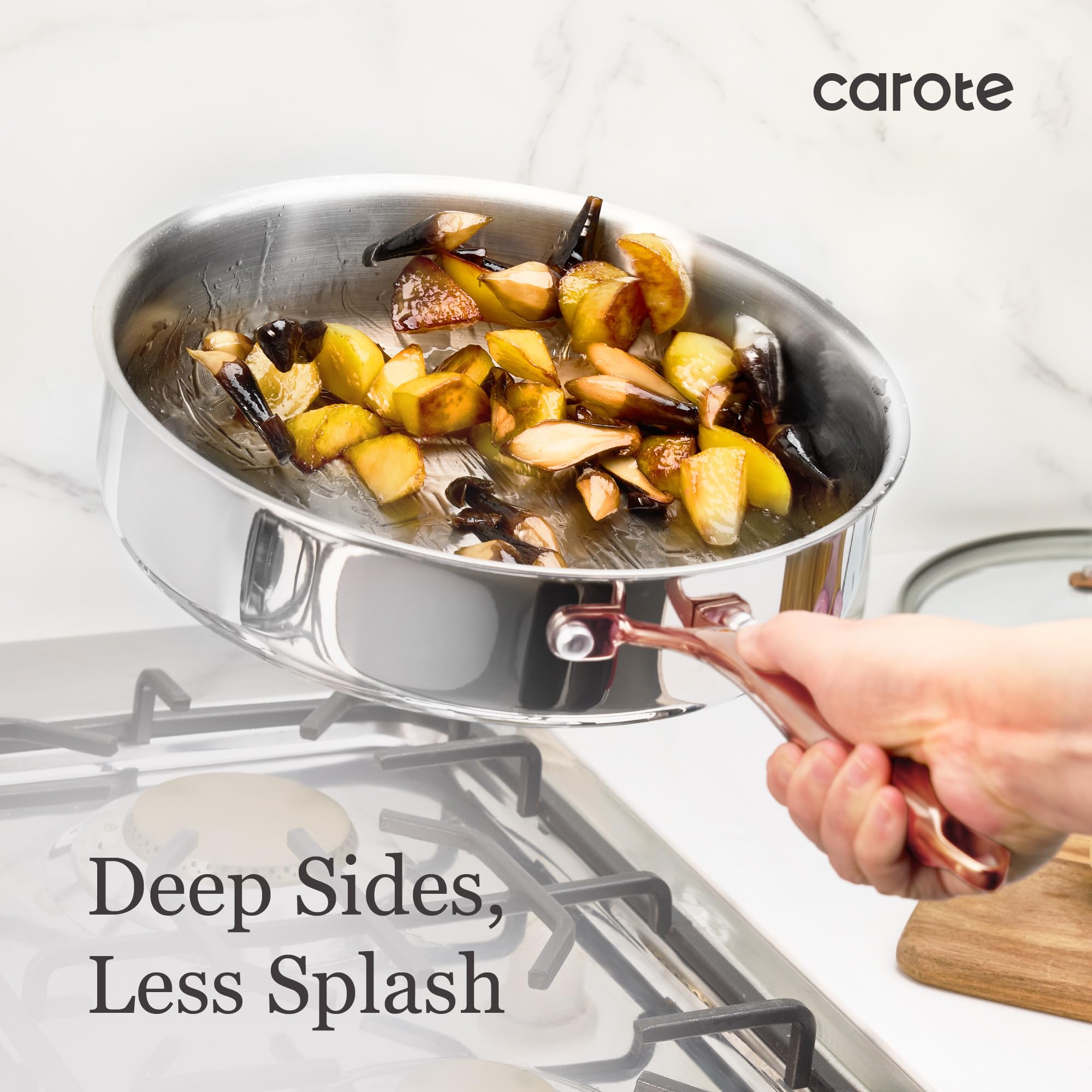 CAROTE handle design close-up, hollow-core stay-cool handle for safer stovetop use