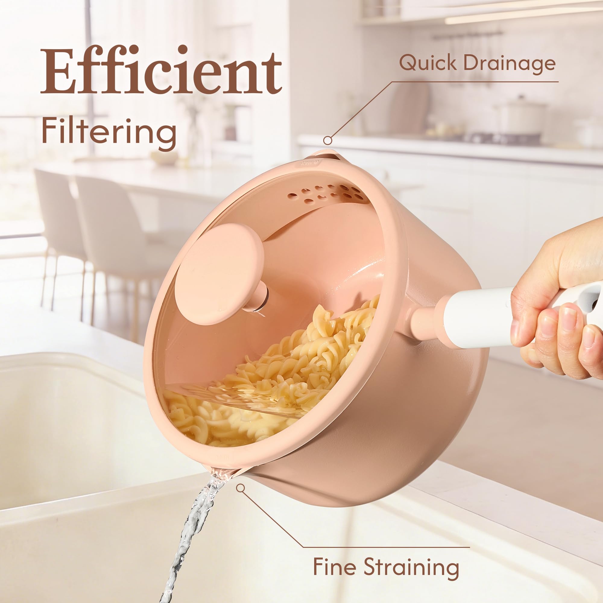CAROTE 2.5 QT saucepan pouring through spouted lid for mess-free draining
