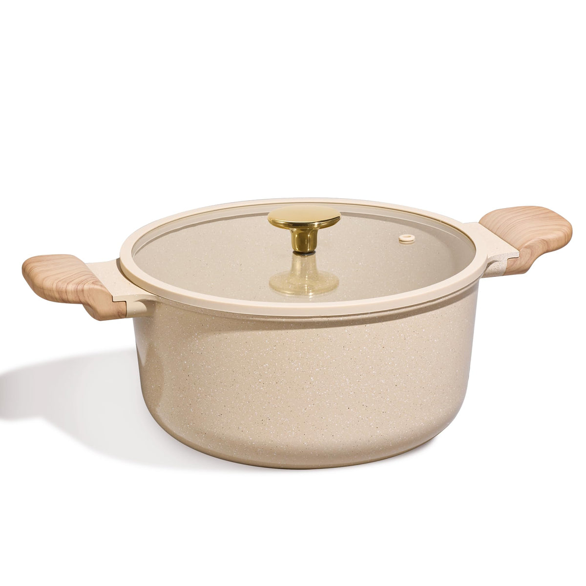 CAROTE 5 qt stock pot front view showing sturdy die-cast body and handles, durable performance