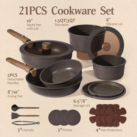 CAROTE frying pans 8 and 10 inch top view showing flat cooking surface and even heat