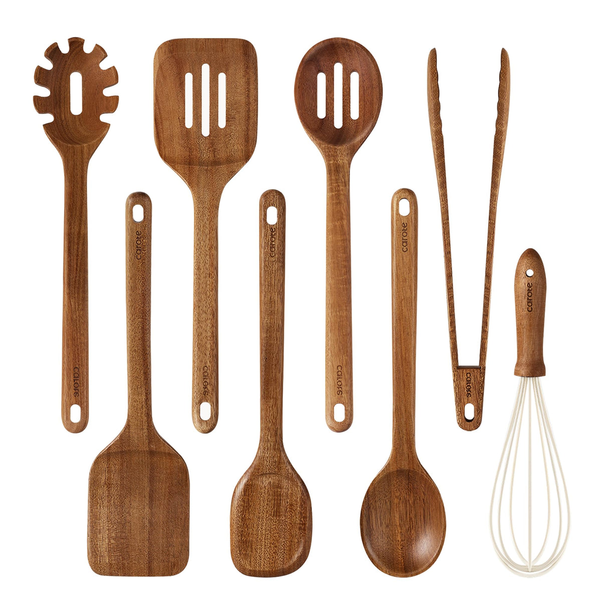 CAROTE front view of 8-piece acacia wood utensil set protecting pans