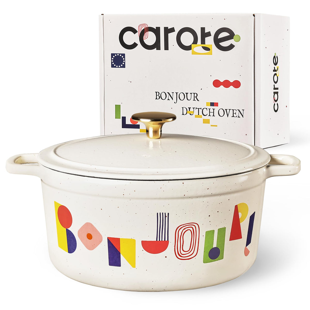 CAROTE Dutch oven front view showing Bonjour design and ready-to-gift appeal