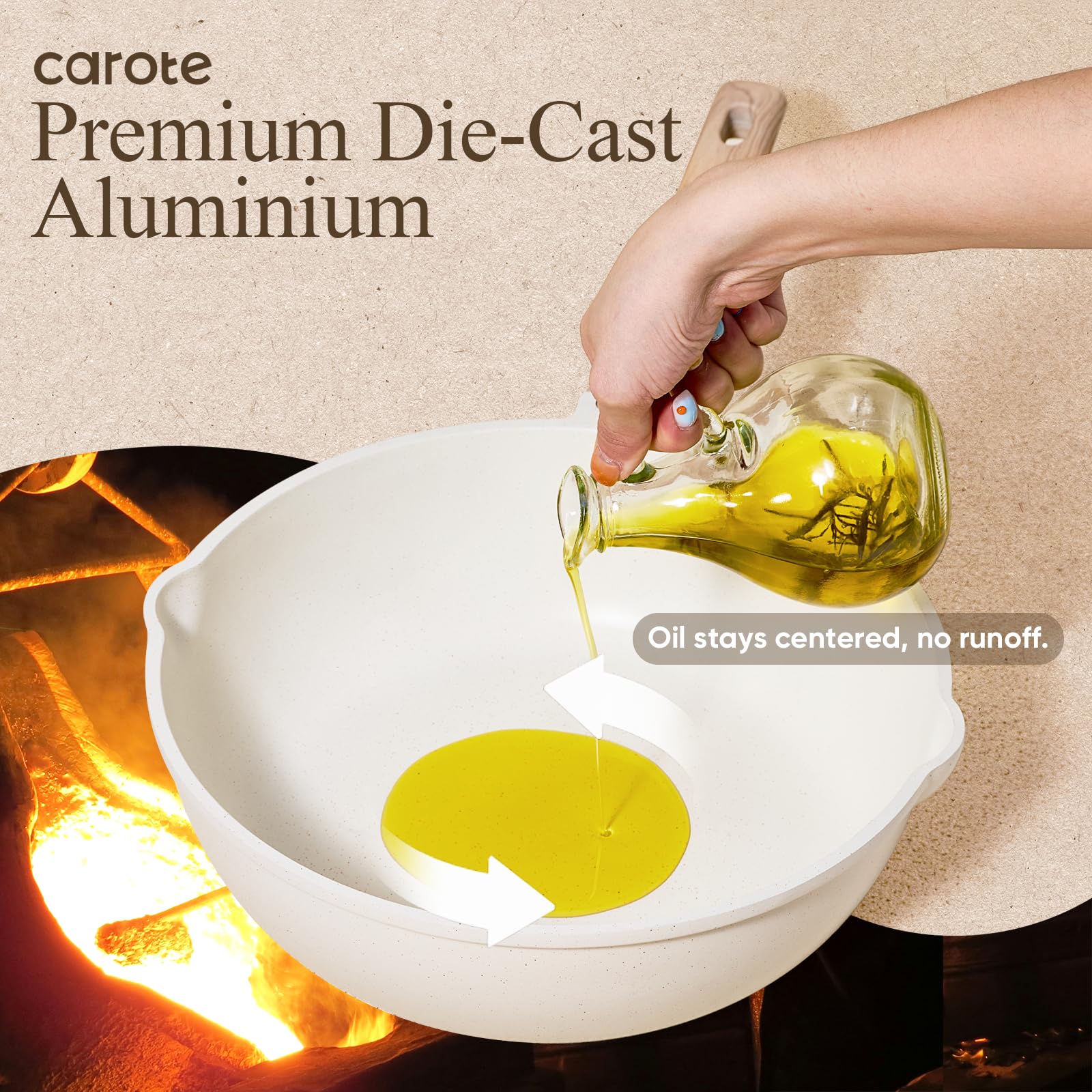 CAROTE extended bottom base close-up demonstrating even heating benefit across cooktops