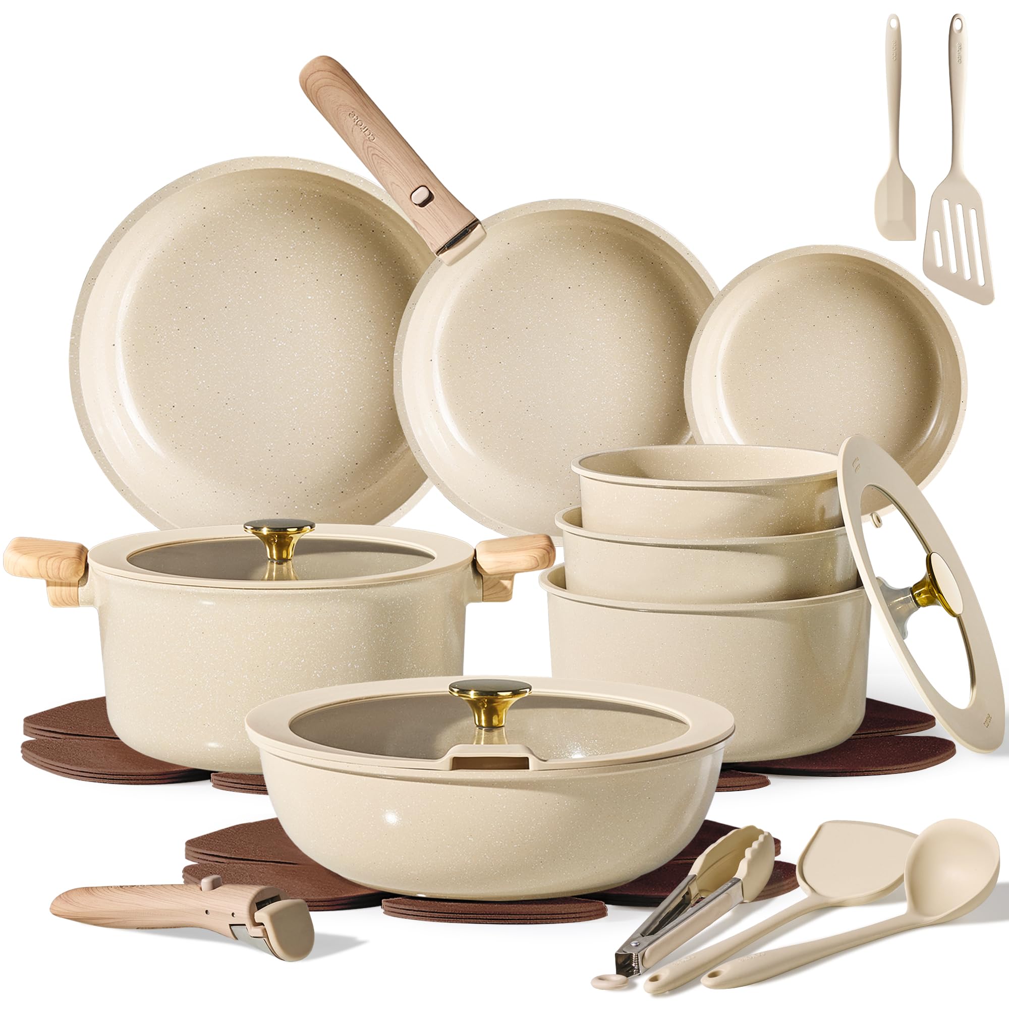 CAROTE cookware set front view showing complete 25-piece collection and organization benefit