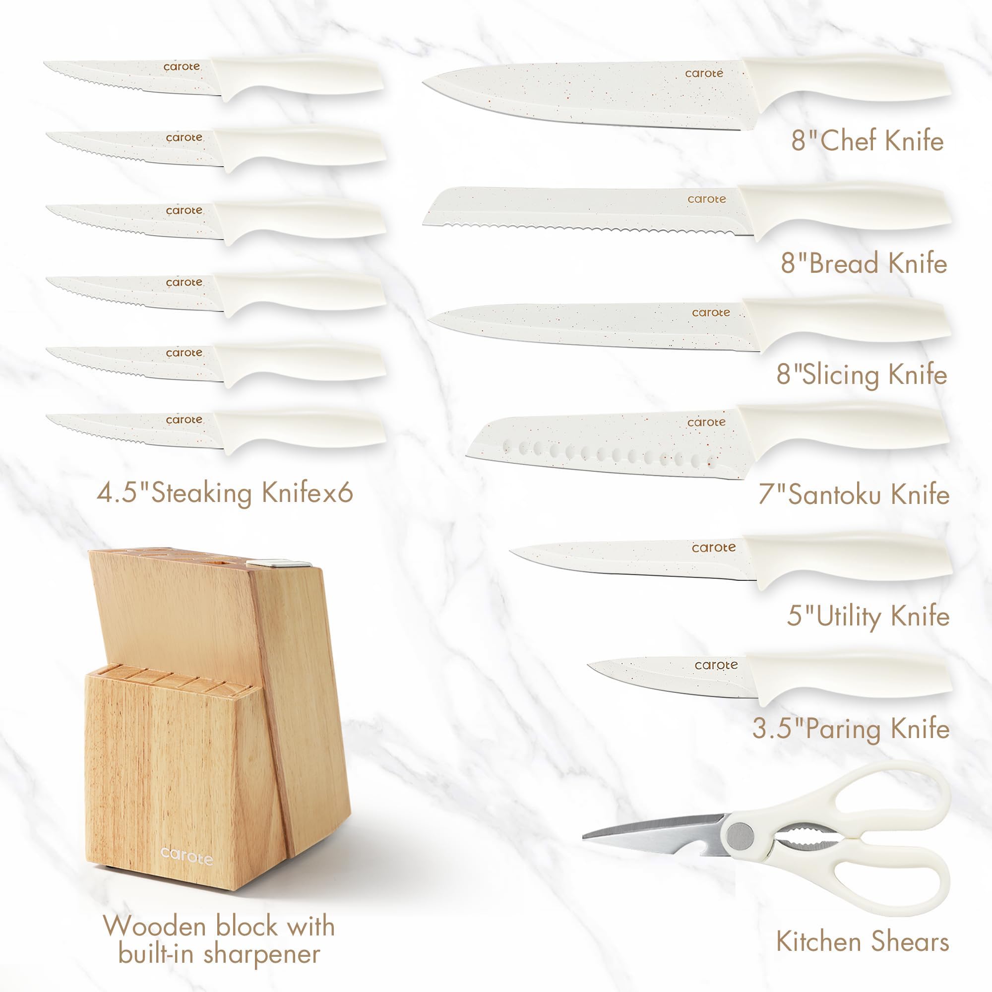 CAROTE close-up of cream ceramic-coated blade showing non-stick slicing benefit