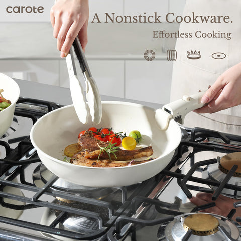 CAROTE detachable handle locked onto pan showing secure cooking use