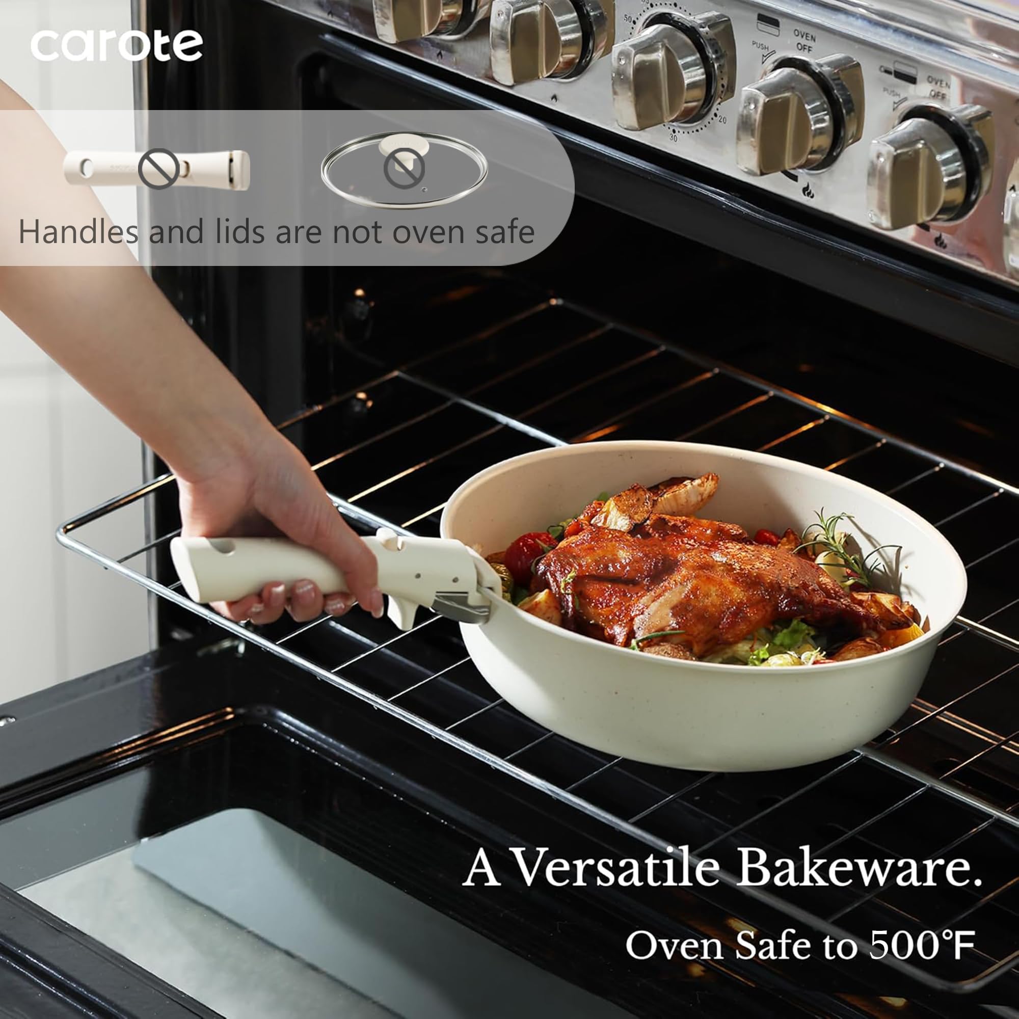 CAROTE pans stacked without handles demonstrating space-saving storage