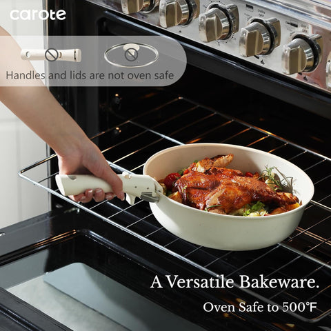 CAROTE pans stacked without handles demonstrating space-saving storage