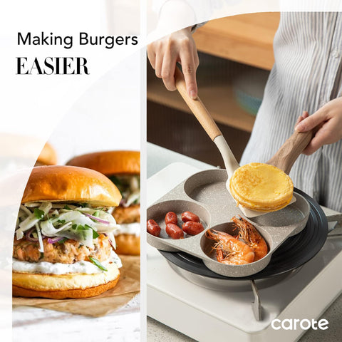 CAROTE pan with four eggs cooking demonstrating even cooking and portion control