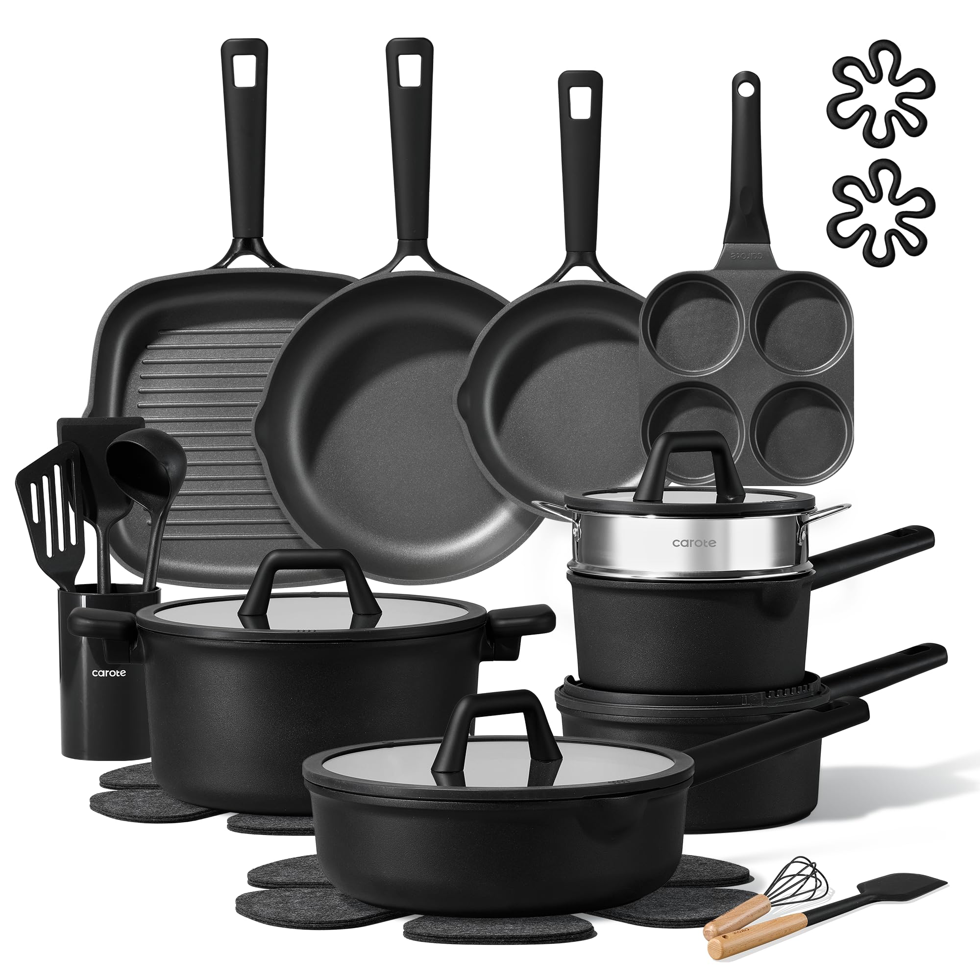 CAROTE full 28-piece set front view showing comprehensive cookware benefits