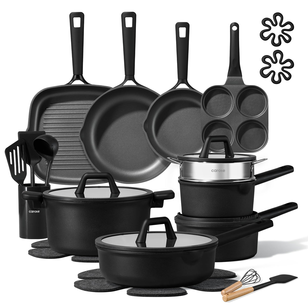 CAROTE full 28-piece set front view showing comprehensive cookware benefits
