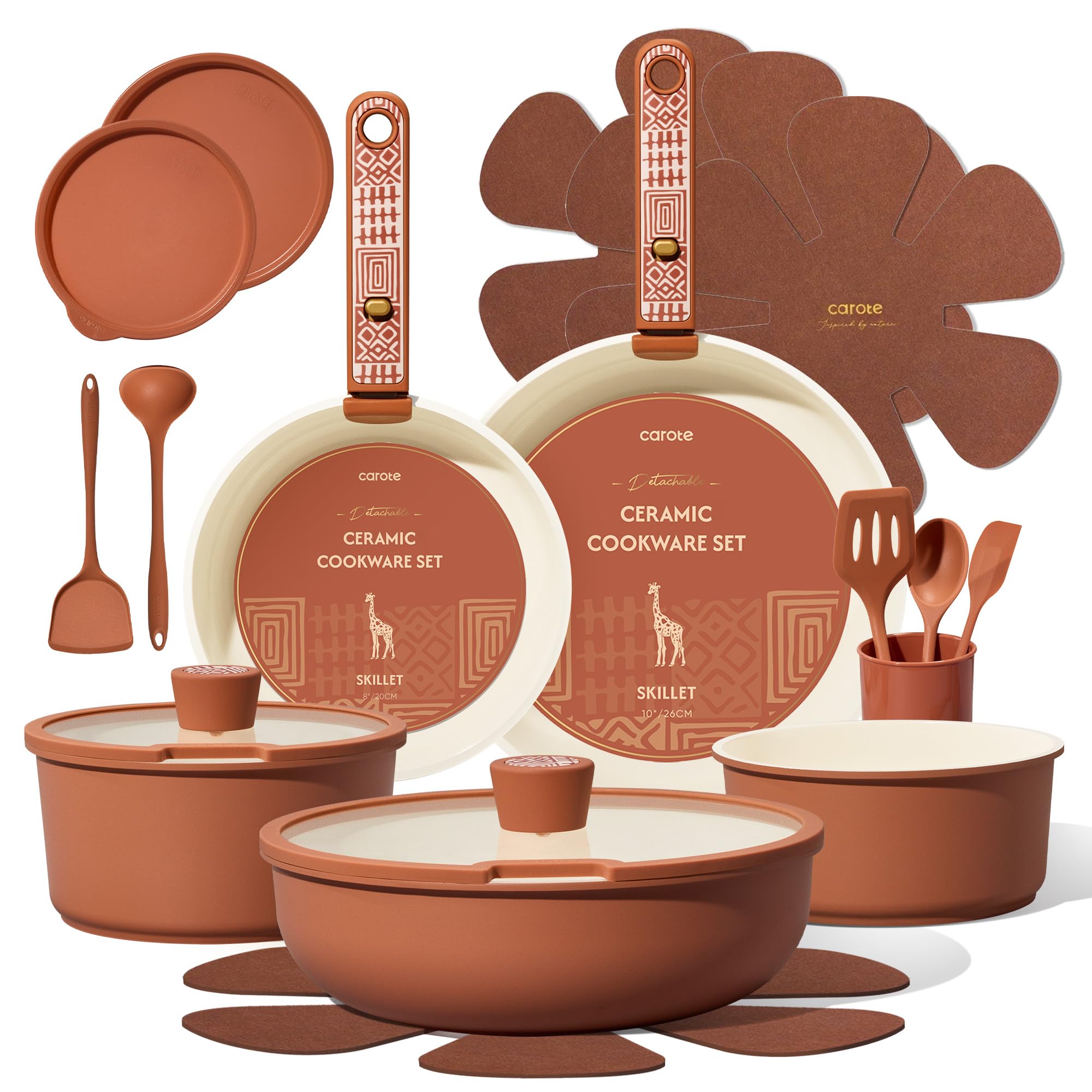 CAROTE front view of full 21-piece set showing complete cookware and lids, ideal for organized kitchens