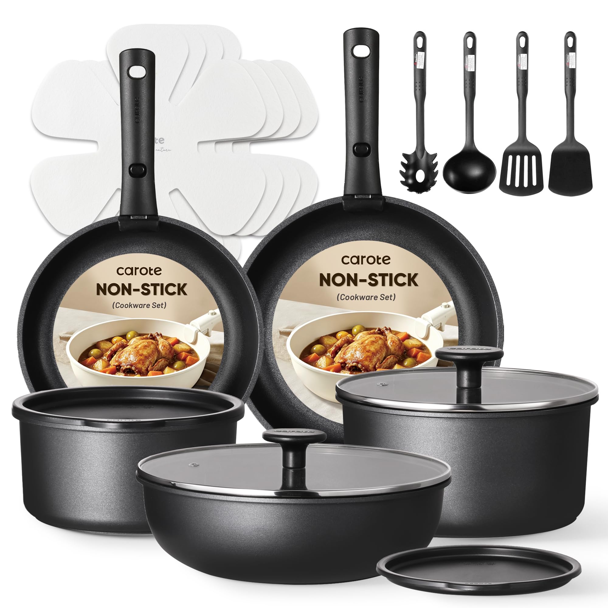 CAROTE full 19-piece set laid out, shows complete cookware and accessories for versatile meals