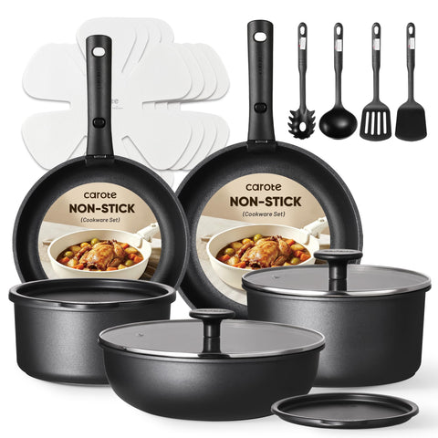 CAROTE full 19-piece set laid out, shows complete cookware and accessories for versatile meals