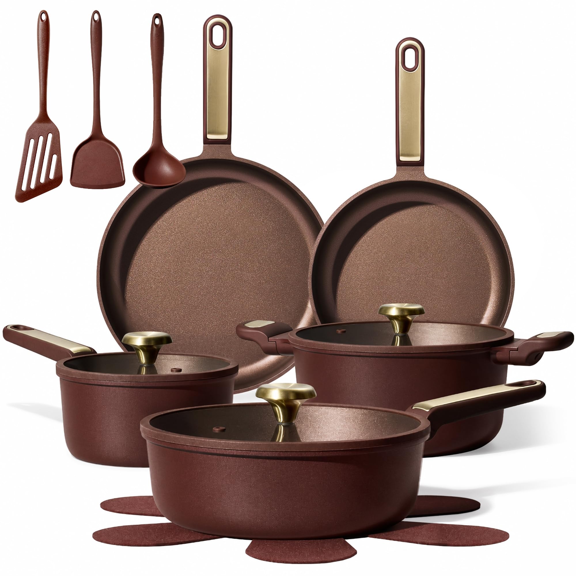 CAROTE full set front view showing all pots pans and utensils, useful for complete kitchen setup