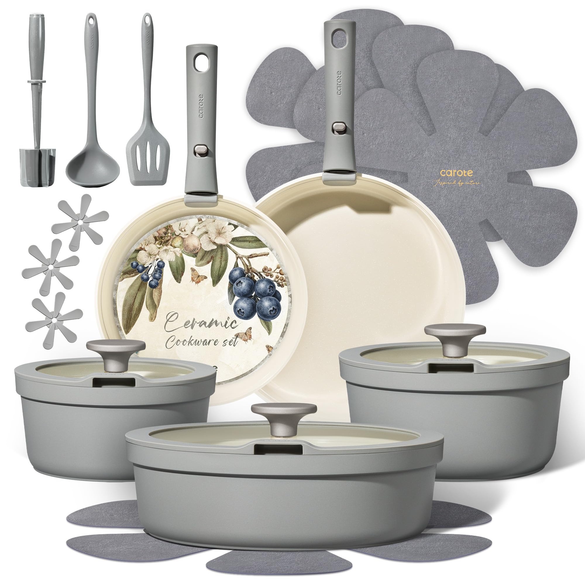 CAROTE full set front view showing complete 20-piece collection and accessories benefits
