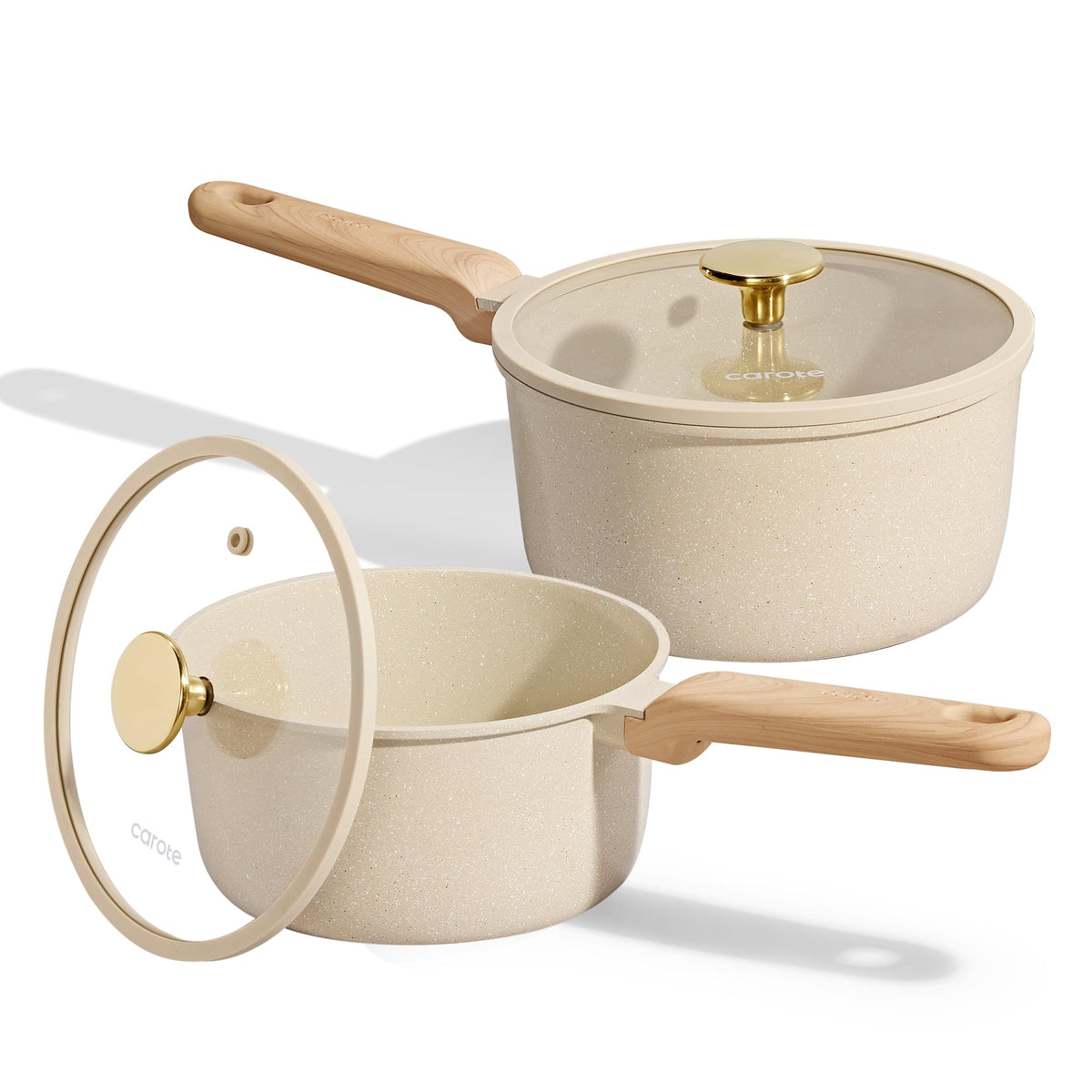 CAROTE front view of pans and lids showcasing compact set and clear benefits