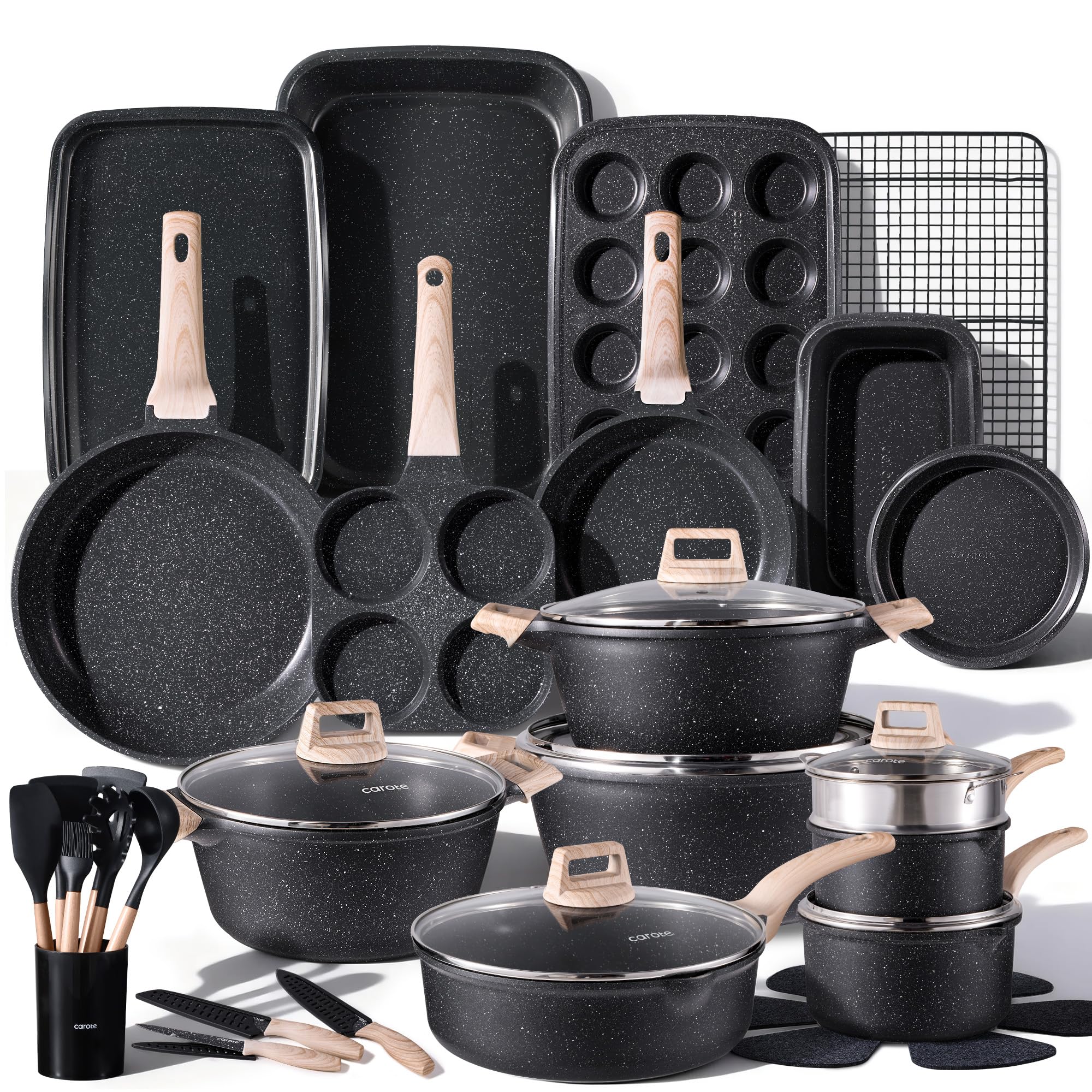 CAROTE full cookware set laid out showing pots pans and lids benefit organized kitchen