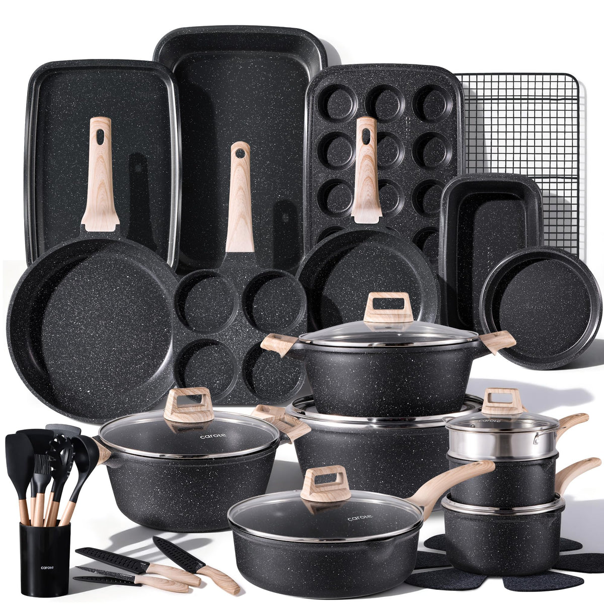 CAROTE full cookware set laid out showing pots pans and lids benefit organized kitchen