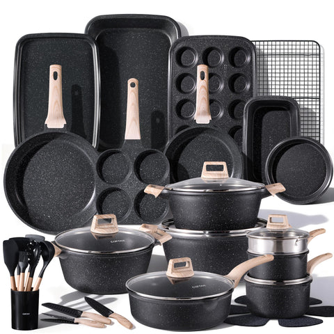 CAROTE full cookware set laid out showing pots pans and lids benefit organized kitchen