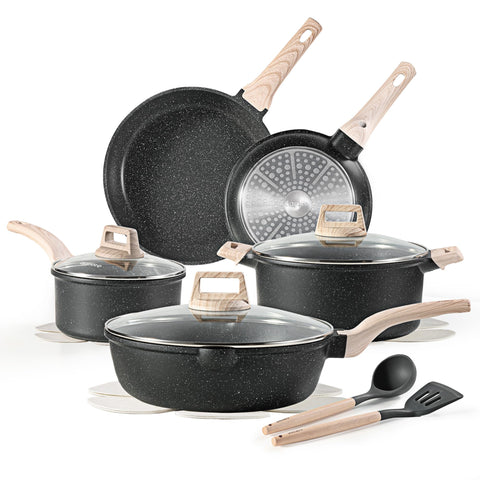 CAROTE front view of full 14-piece set showing cookware and lids for versatile cooking