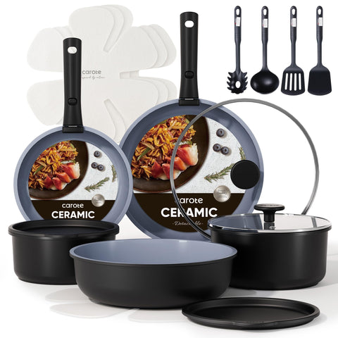 CAROTE front packaging showing full 19-piece set and space-saving benefit