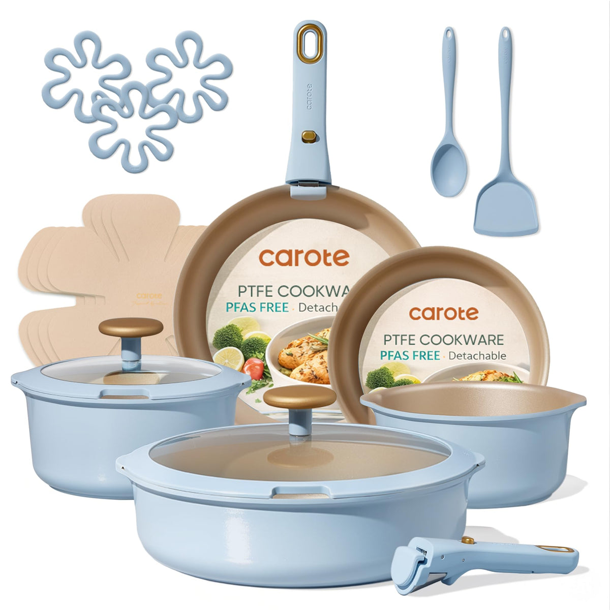 CAROTE front packaging of 18-piece set shows full contents and compact design benefit