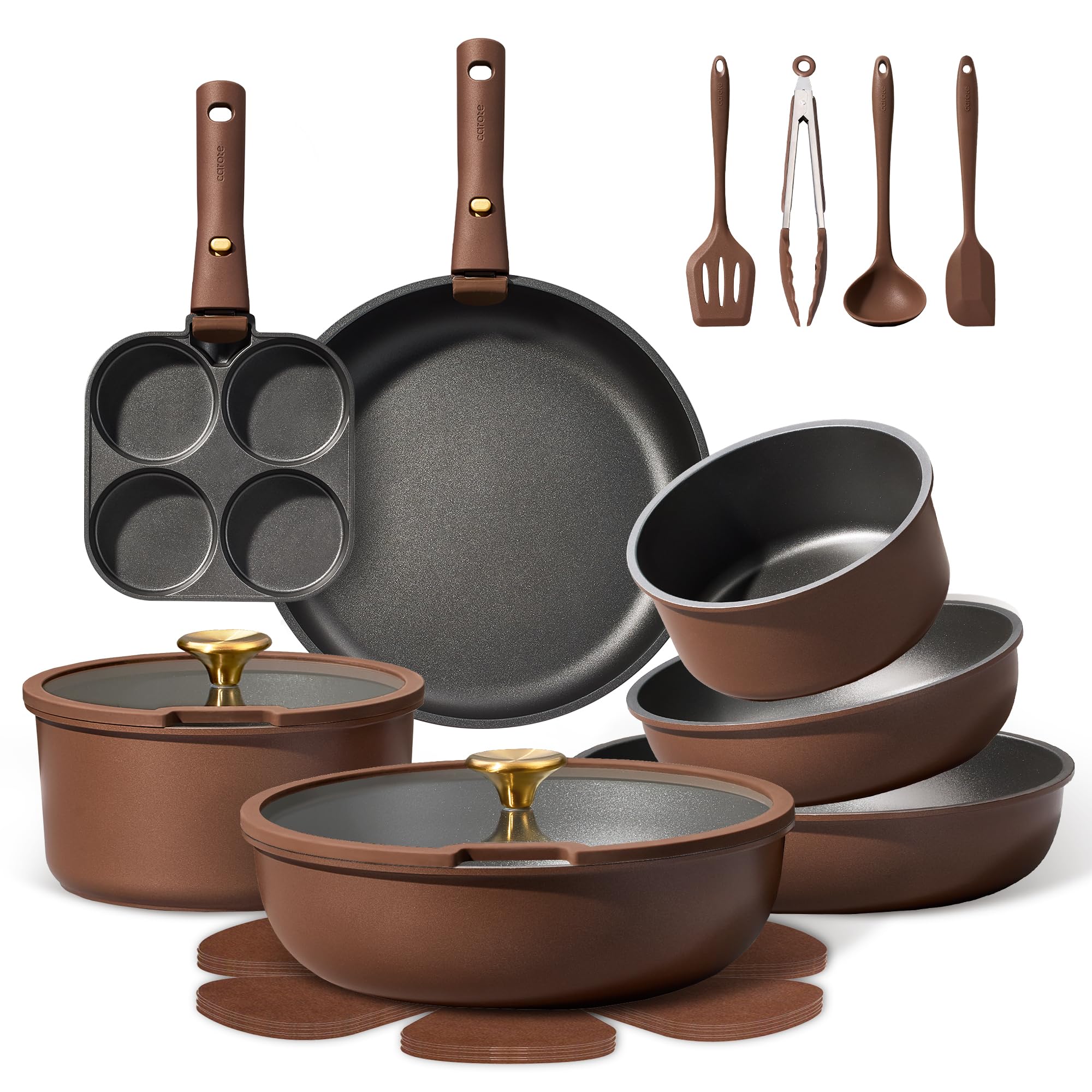 CAROTE front packaging showing full 21-piece cookware set and benefits