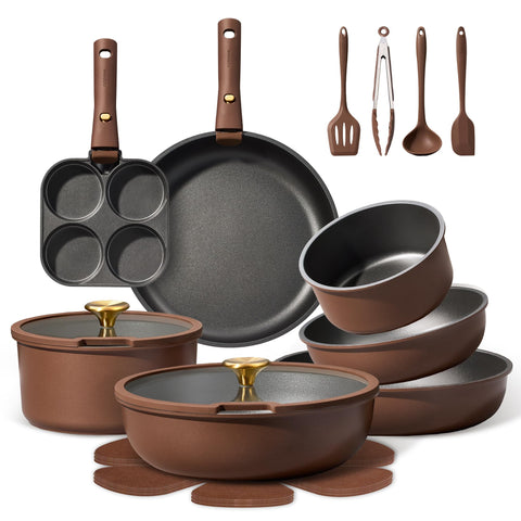 CAROTE front packaging showing full 21-piece cookware set and benefits