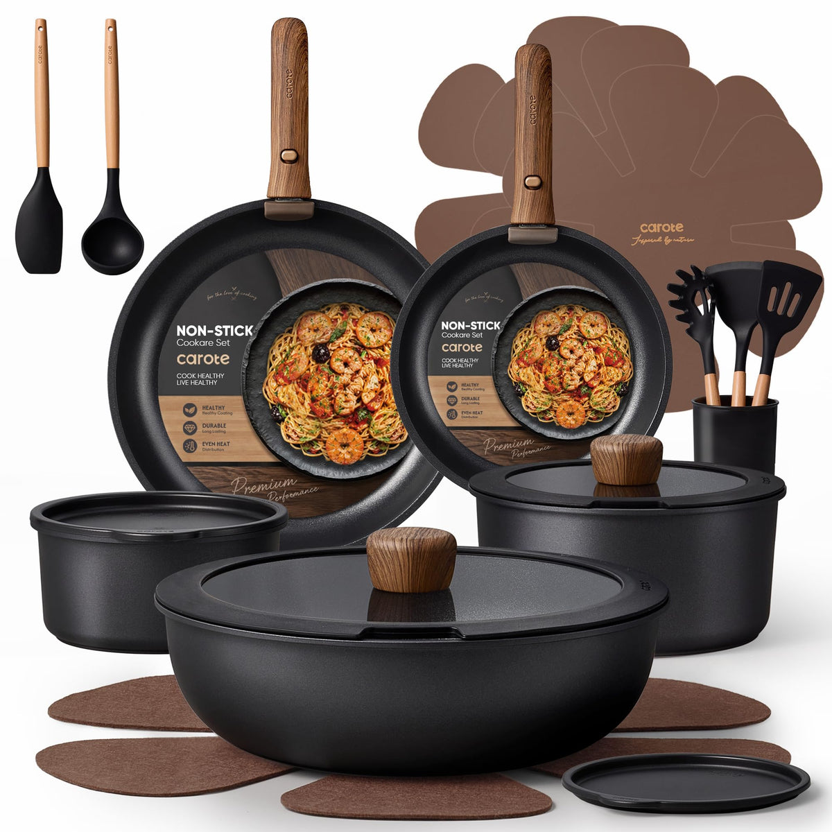 CAROTE full 19-piece set laid out showing pans lids and utensils benefiting versatile cooking