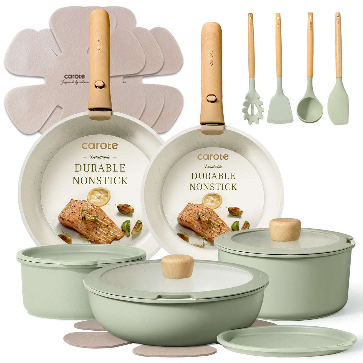 CAROTE front view of full green 19-piece cookware set showing contents and layout