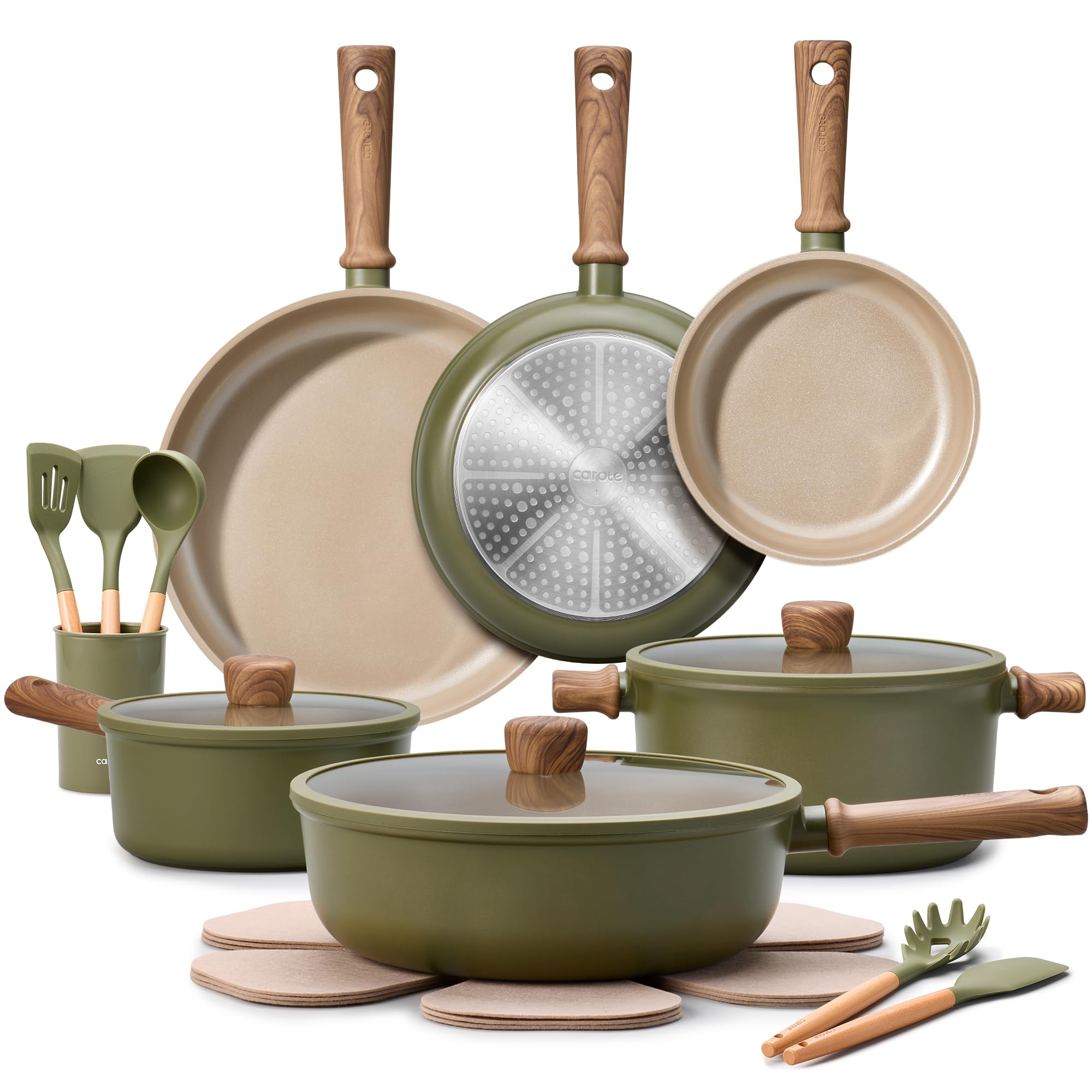 CAROTE front view of full green 21-piece cookware set showing included items and benefit of completeness