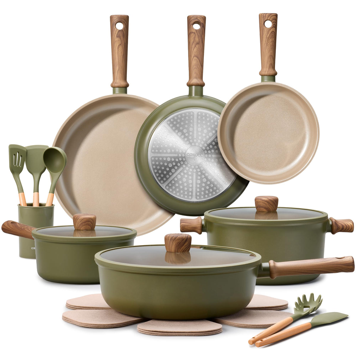 CAROTE front view of full green 21-piece cookware set showing included items and benefit of completeness