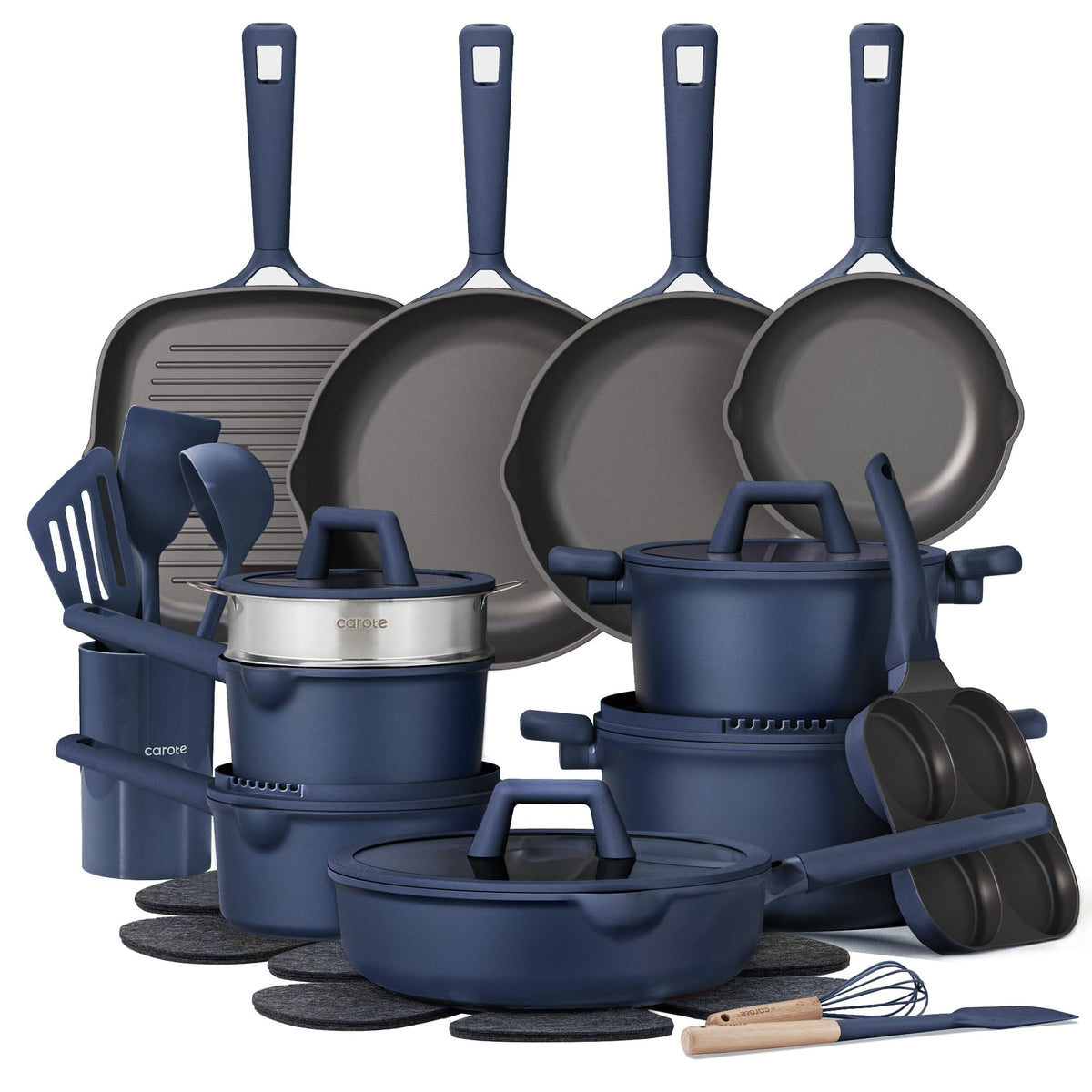 CAROTE front view of full 31pcs cookware set showing included pieces and storage benefits