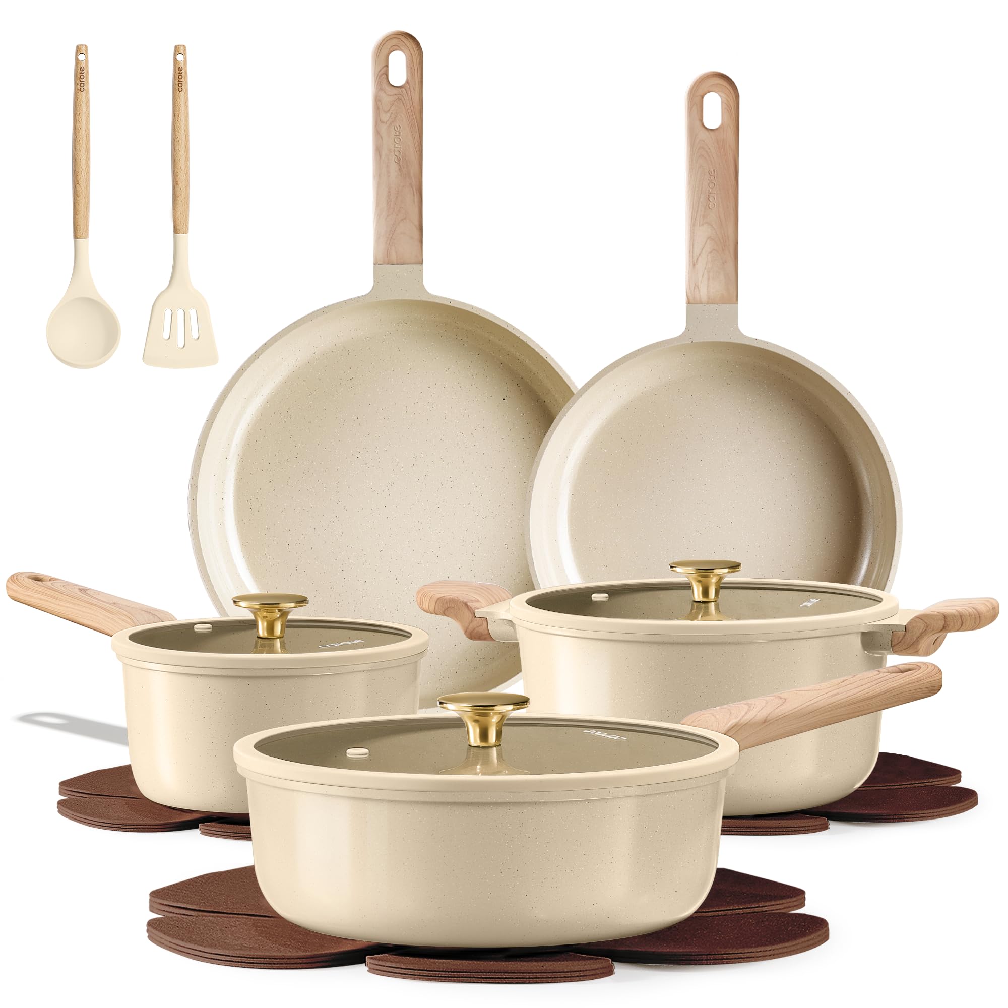 CAROTE cookware set front view showing full 14-piece collection and organized storage benefit