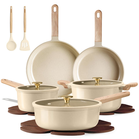 CAROTE cookware set front view showing full 14-piece collection and organized storage benefit