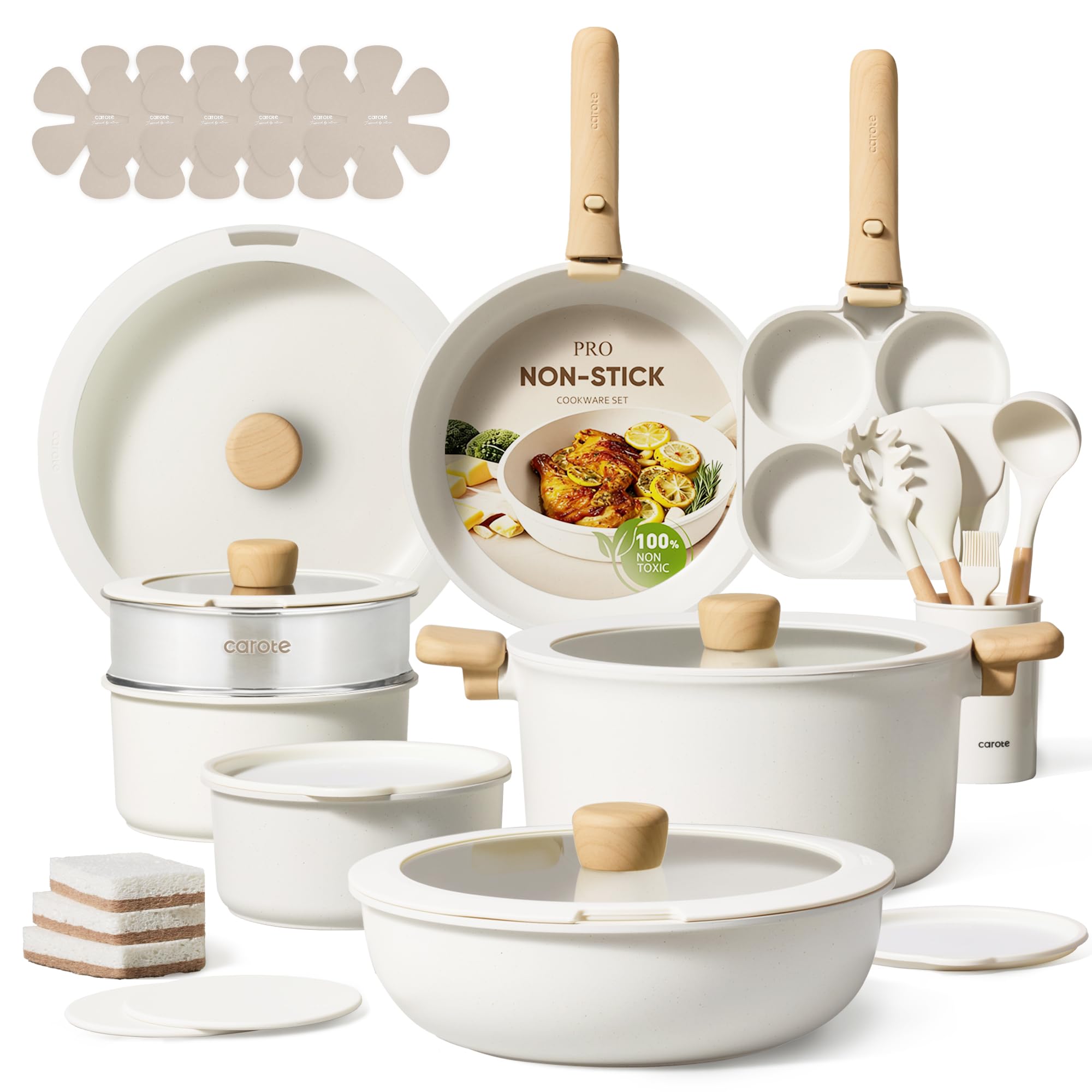CAROTE front packaging showing full white cookware set and space-saving design