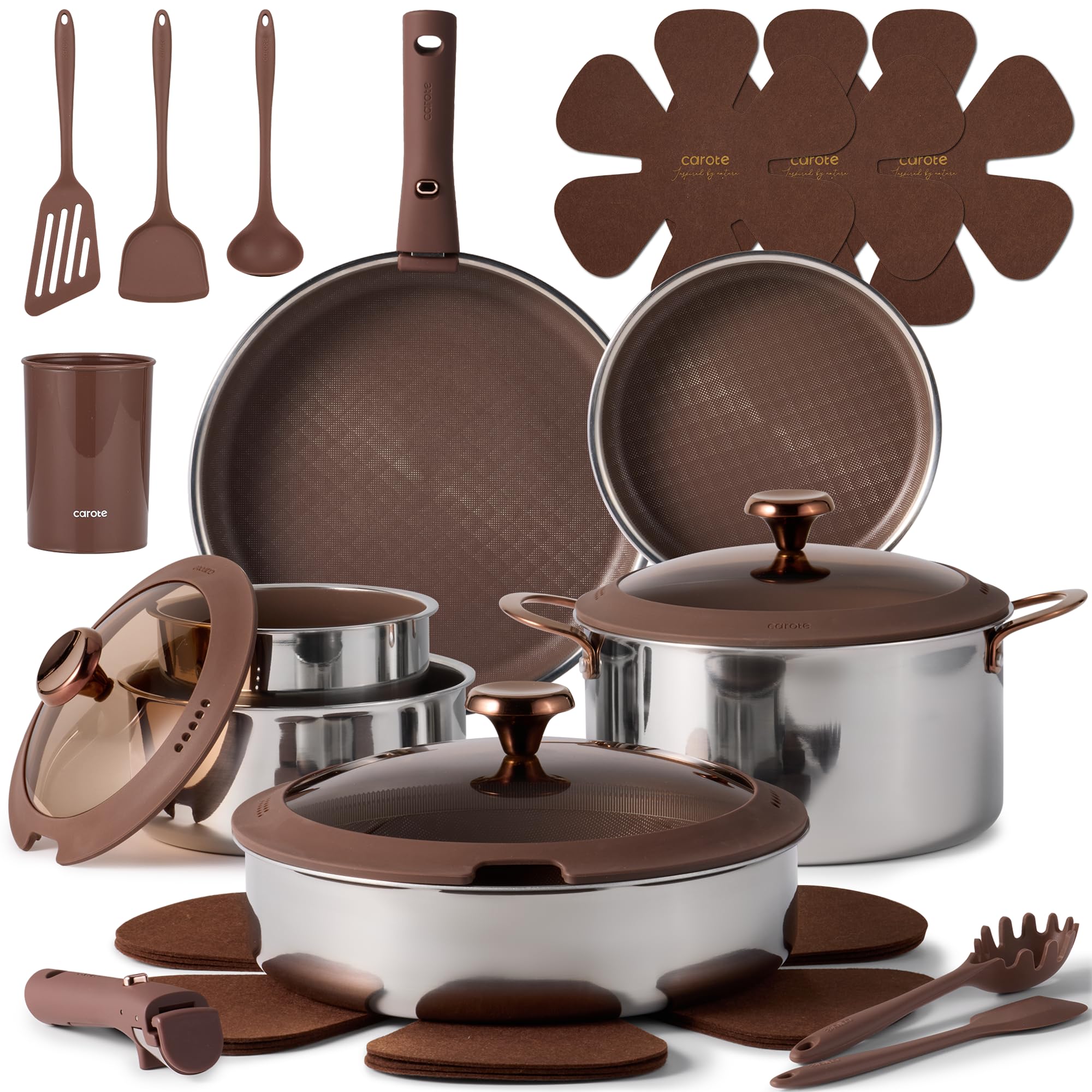 CAROTE front packaging showing full 22-piece set and included lids benefit clarity