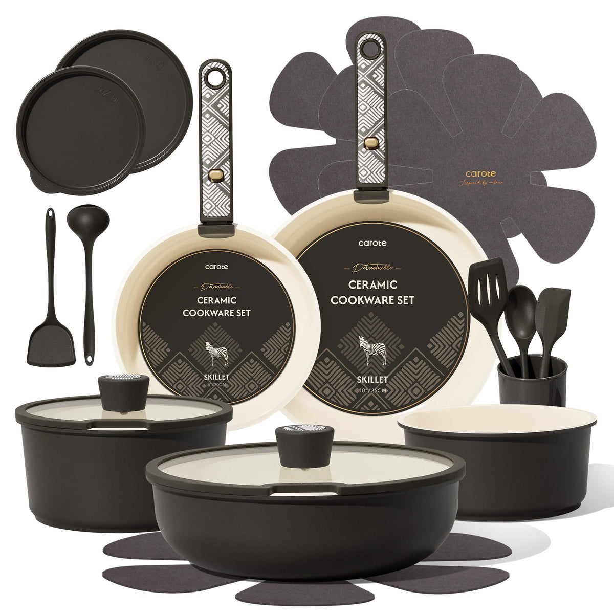 CAROTE front packaging showing full cookware set and benefits