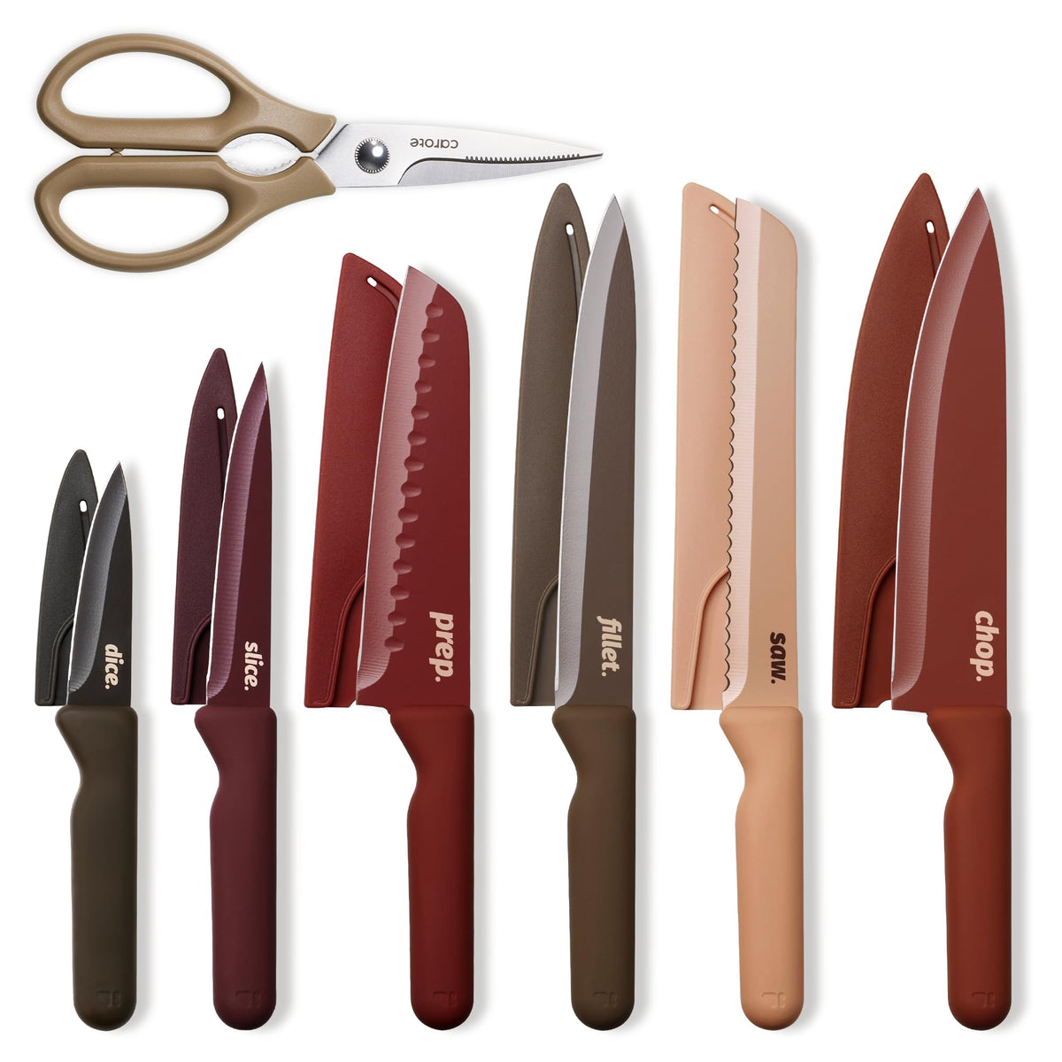 CAROTE front view of full 12-piece set showcasing floral knives and shears, organized