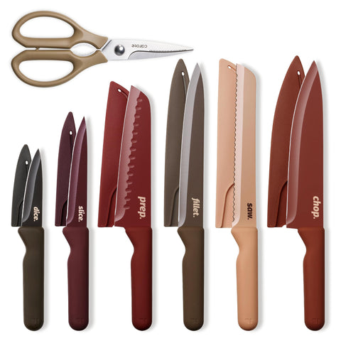 CAROTE front view of full 12-piece set showcasing floral knives and shears, organized