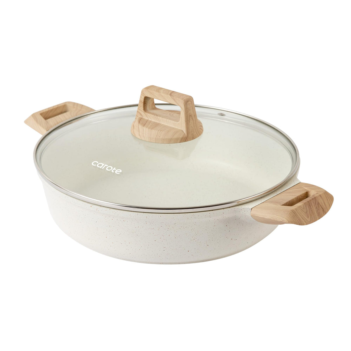 CAROTE front view with lid showing compact 4-quart pot and easy storage benefit