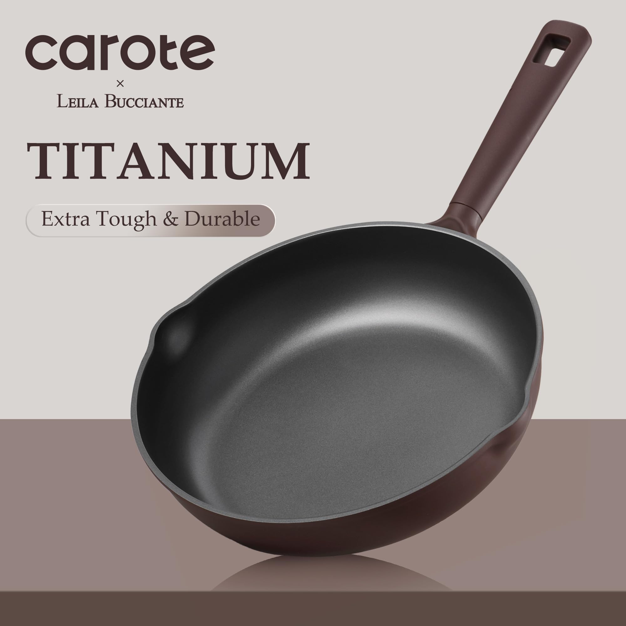 CAROTE stacked fry pans showing size range and space-saving organization
