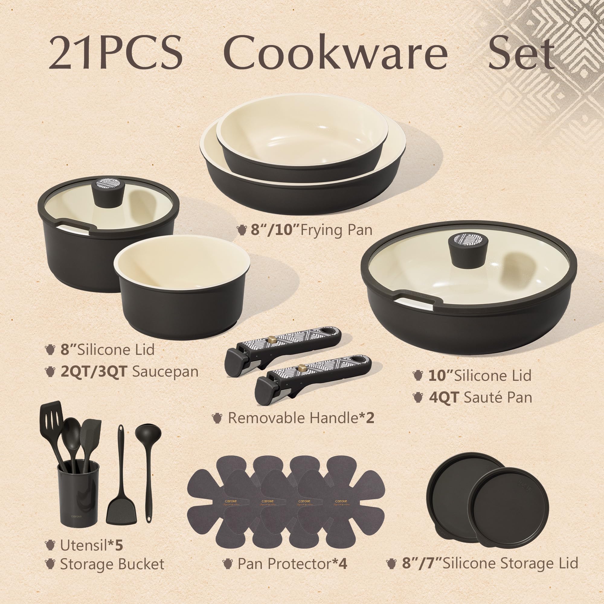 CAROTE full 21pcs set arranged to show included pots, pans and lids